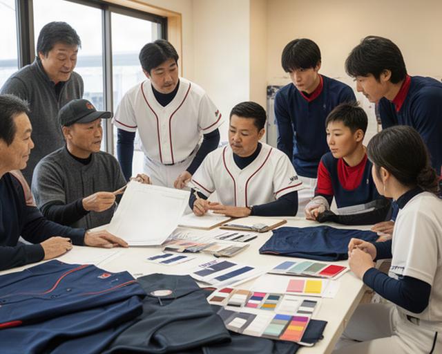 三重県北勢の野球チームがユニフォームのサンプルを確認する様子